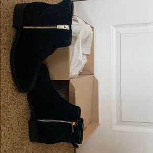 Black Suede Booties with gold zipper